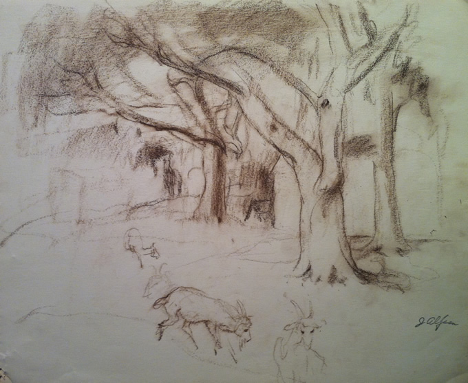 John Martin Alfsen - Original Conte Sketch - Rural Scene