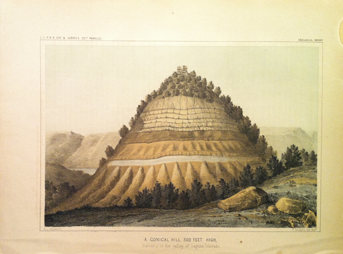 USPRR lithograph - A Conical Hill 500 Feet Hight (1855)